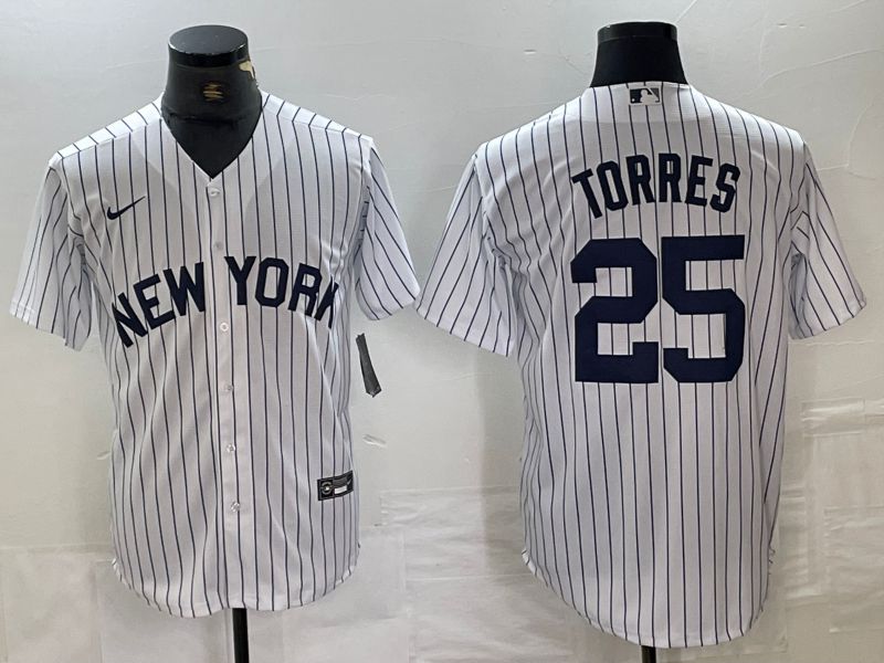Men New York Yankees #25 Torres White Stripe Game Nike 2024 MLB Jersey style 1
